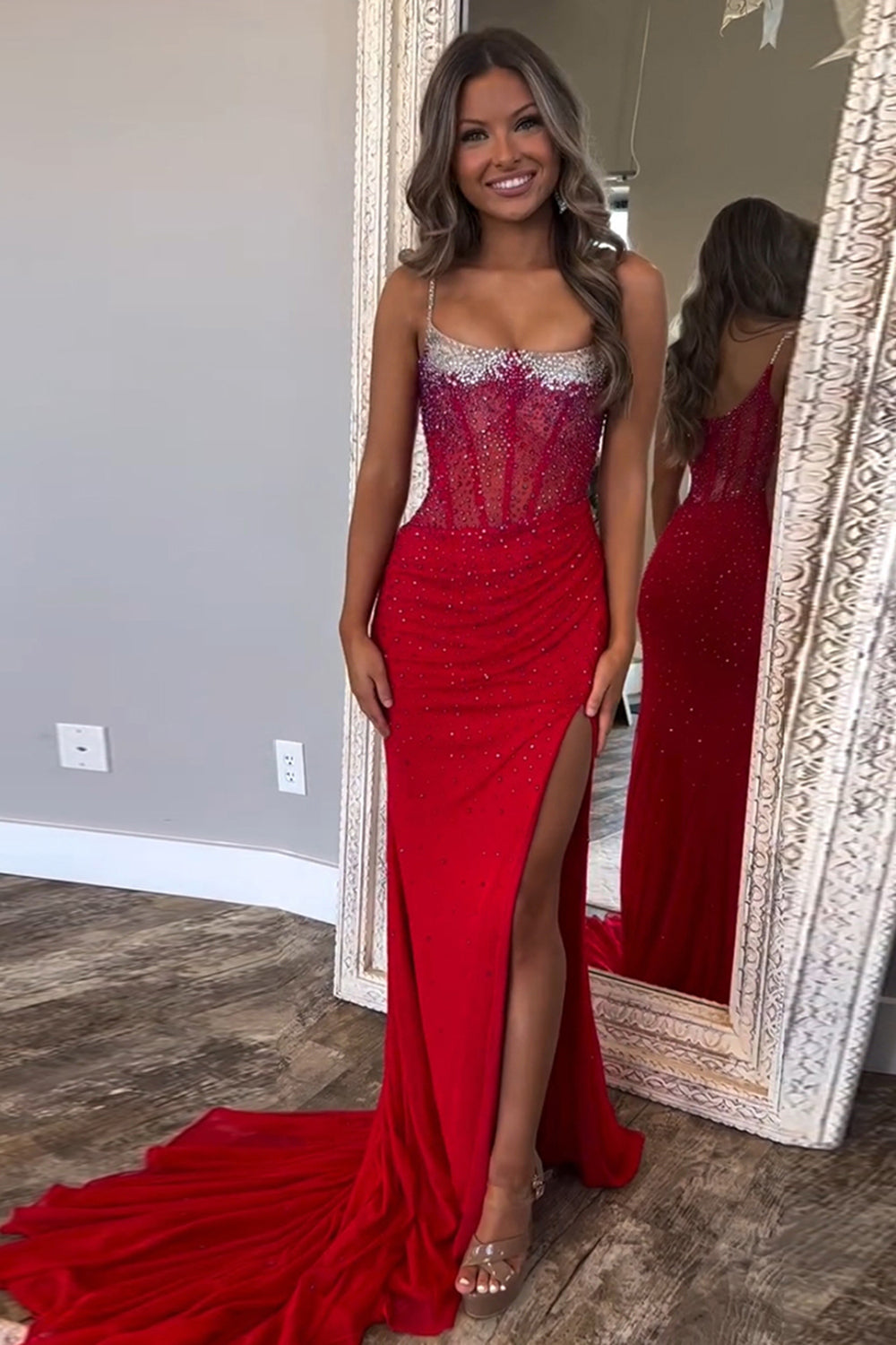 Dreamyannie Mermaid Black Prom Dress Spaghetti Straps Corset Long Formal Dress With Slit