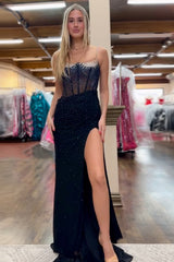 Dreamyannie Mermaid Black Prom Dress Spaghetti Straps Corset Long Formal Dress With Slit