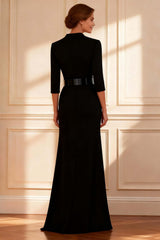 Dreamyannie Mermaid Black V Neck Long Mother Of The Bride Dress With Belt