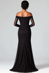 Dreamyannie Mermaid Black Wedding Guest Dress Off The Shoulder Formal Dress With Mesh Long Sleeves