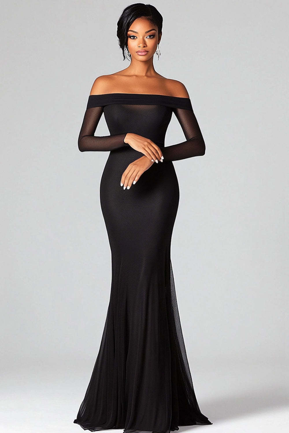 Dreamyannie Mermaid Black Wedding Guest Dress Off The Shoulder Formal Dress With Mesh Long Sleeves