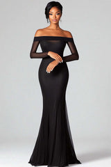 Dreamyannie Mermaid Black Wedding Guest Dress Off The Shoulder Formal Dress With Mesh Long Sleeves