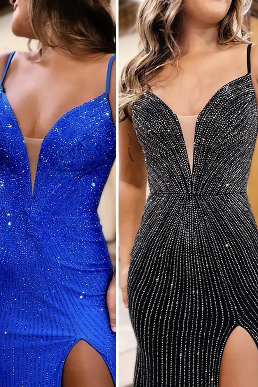 Dreamyannie Mermaid Blue Prom Dress Spaghetti Straps Long Evening Dress With Slit
