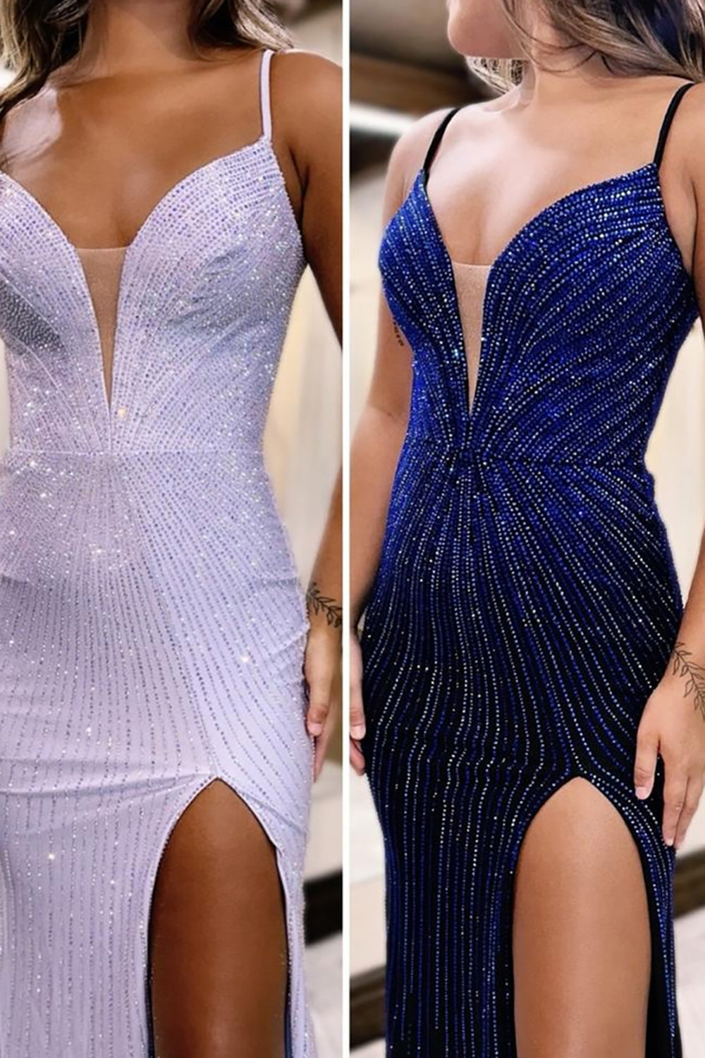 Dreamyannie Mermaid Blue Prom Dress Spaghetti Straps Long Evening Dress With Slit