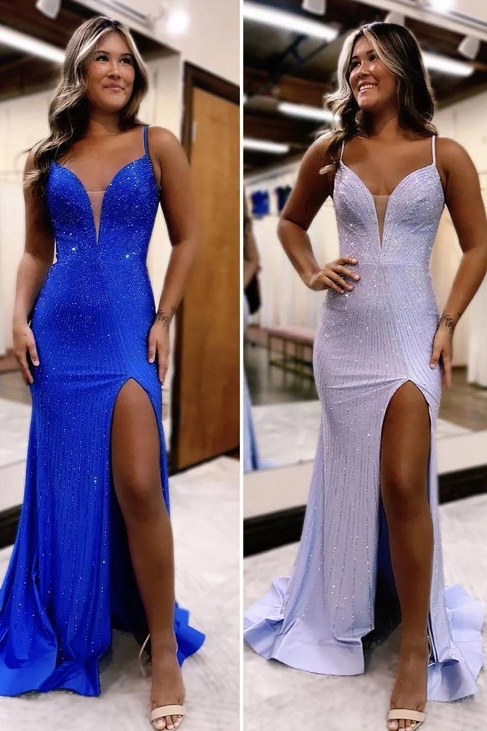 Dreamyannie Mermaid Blue Prom Dress Spaghetti Straps Long Evening Dress With Slit
