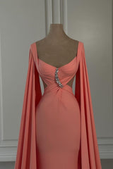 Dreamyannie Mermaid Chiffon Off The Shoulder Cap Sleeve Evening Dress With Rhinestone