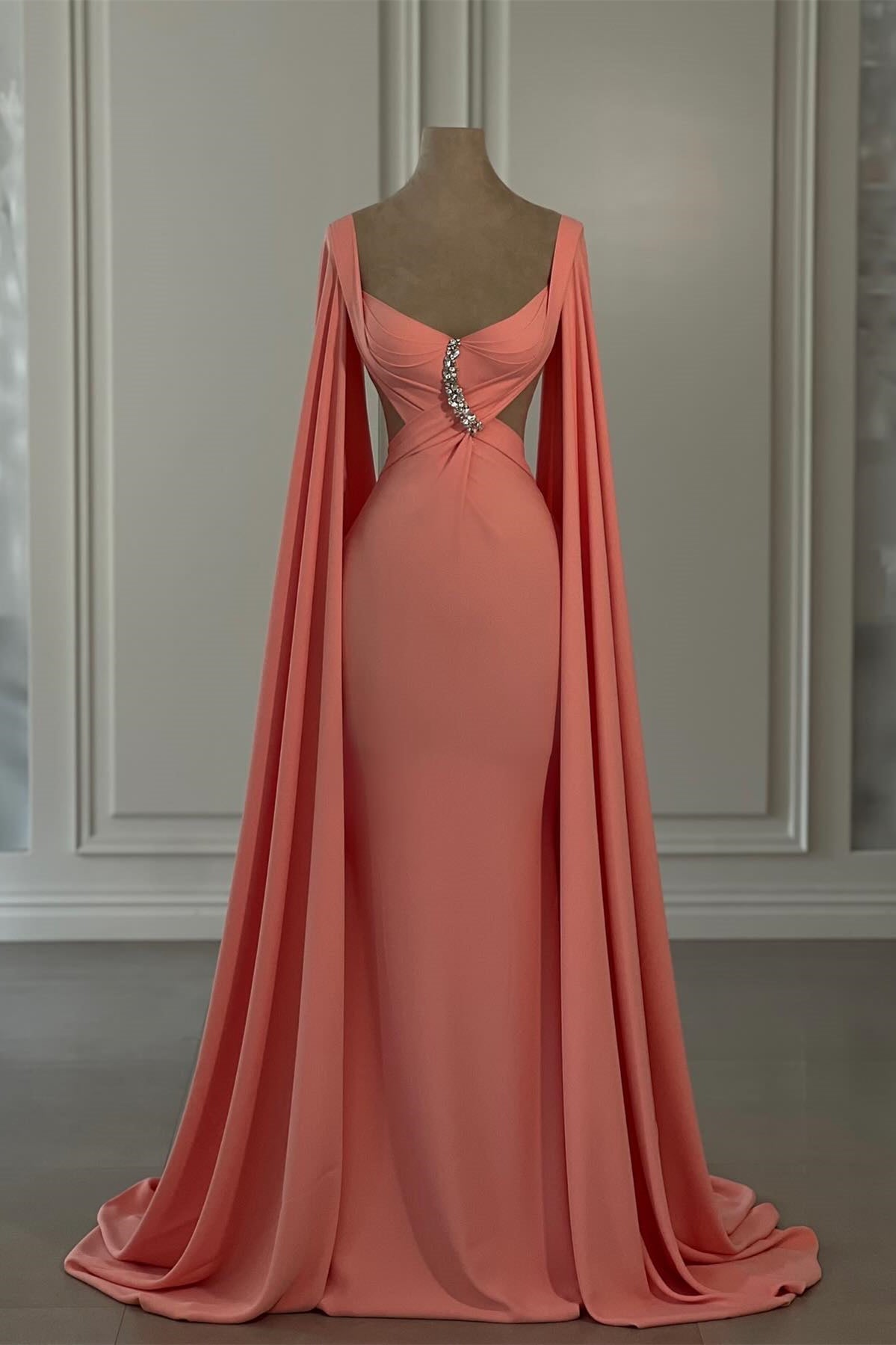 Dreamyannie Mermaid Chiffon Off The Shoulder Cap Sleeve Evening Dress With Rhinestone