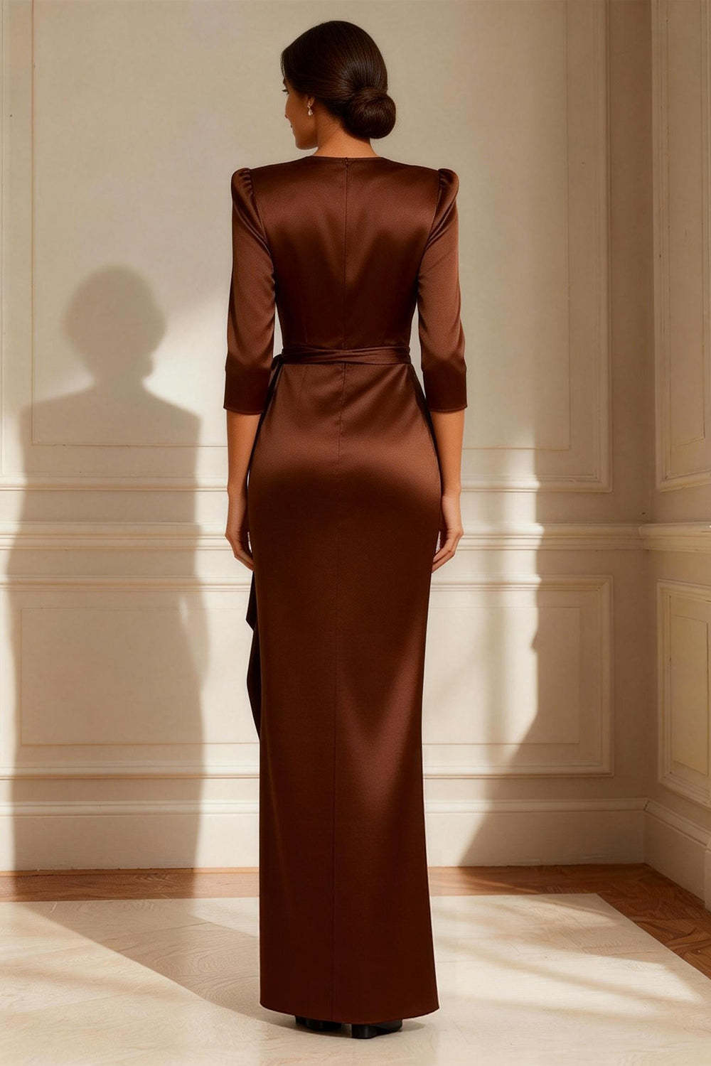 Dreamyannie Mermaid Chocolate Round Neck Satin Long Mother Of The Bride Dress With Sash
