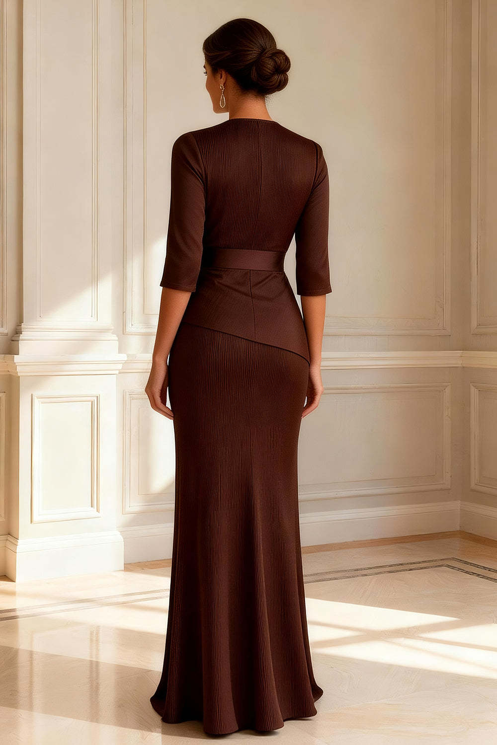 Dreamyannie Mermaid Chocolate Satin Round Neck Long Mother Of The Bride Dress With Slit