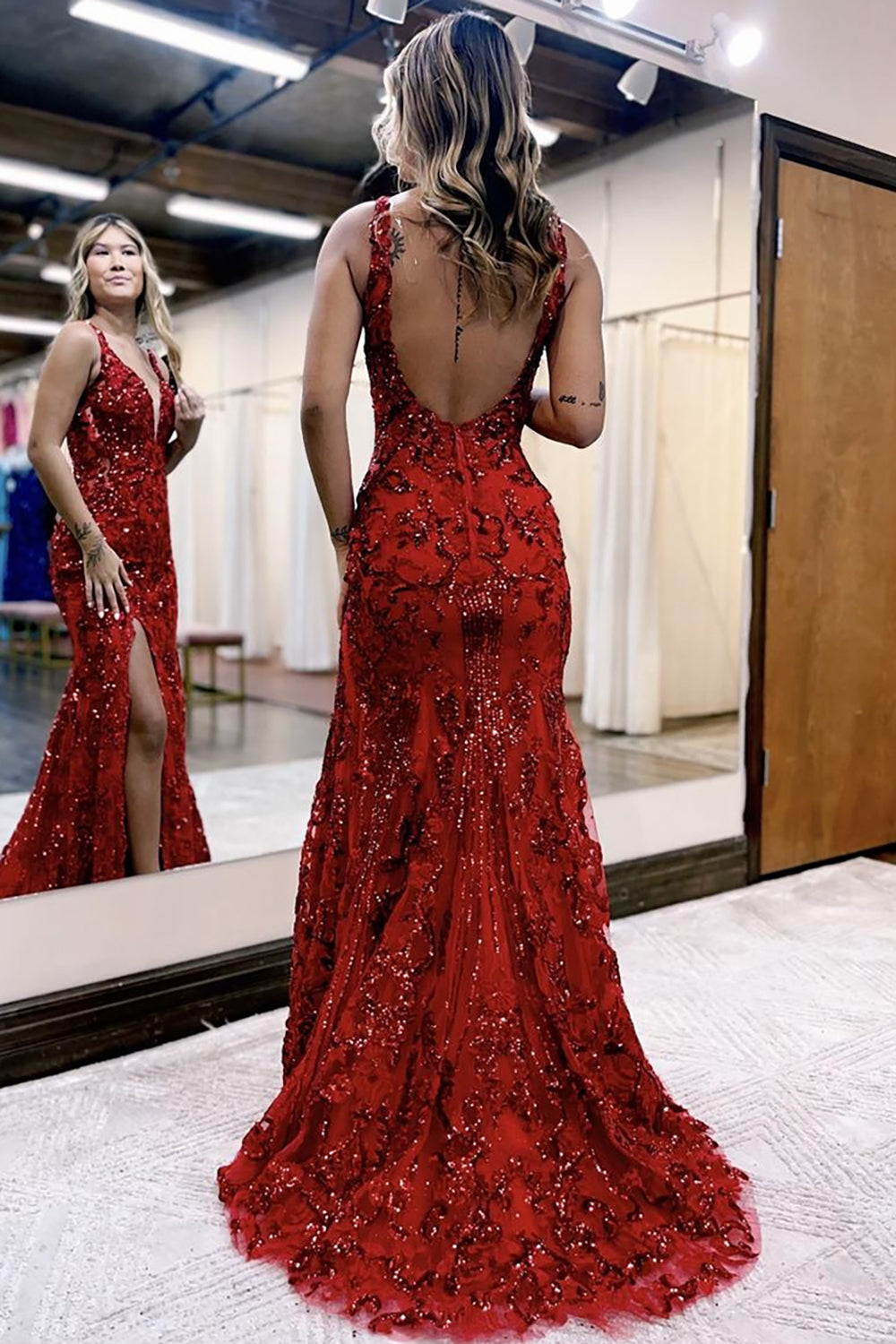 Dreamyannie Mermaid Dark Red Prom Dress Long Evening Dress With Slit