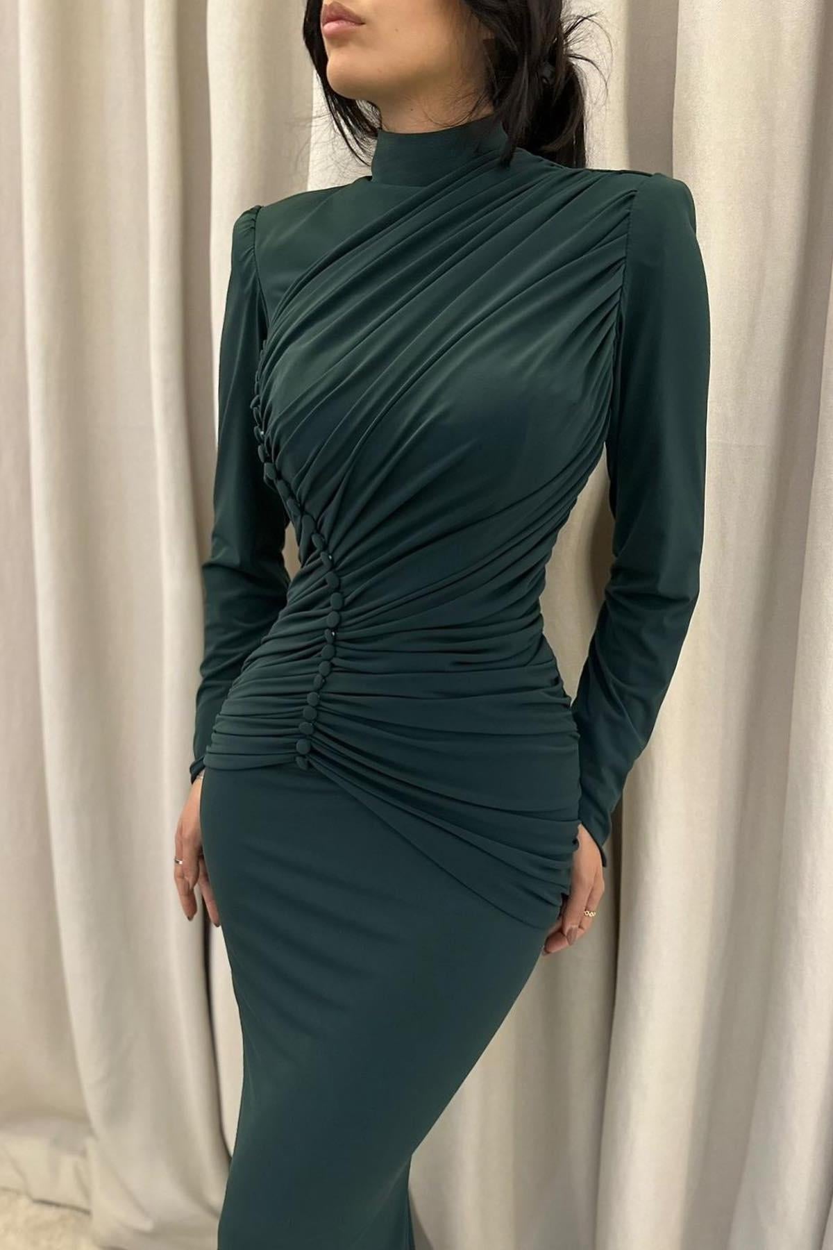 Dreamyannie Mermaid Evening Dress Satin High Neck Long Sleeve Formal Dress