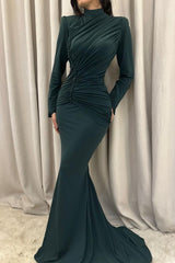 Dreamyannie Mermaid Evening Dress Satin High Neck Long Sleeve Formal Dress