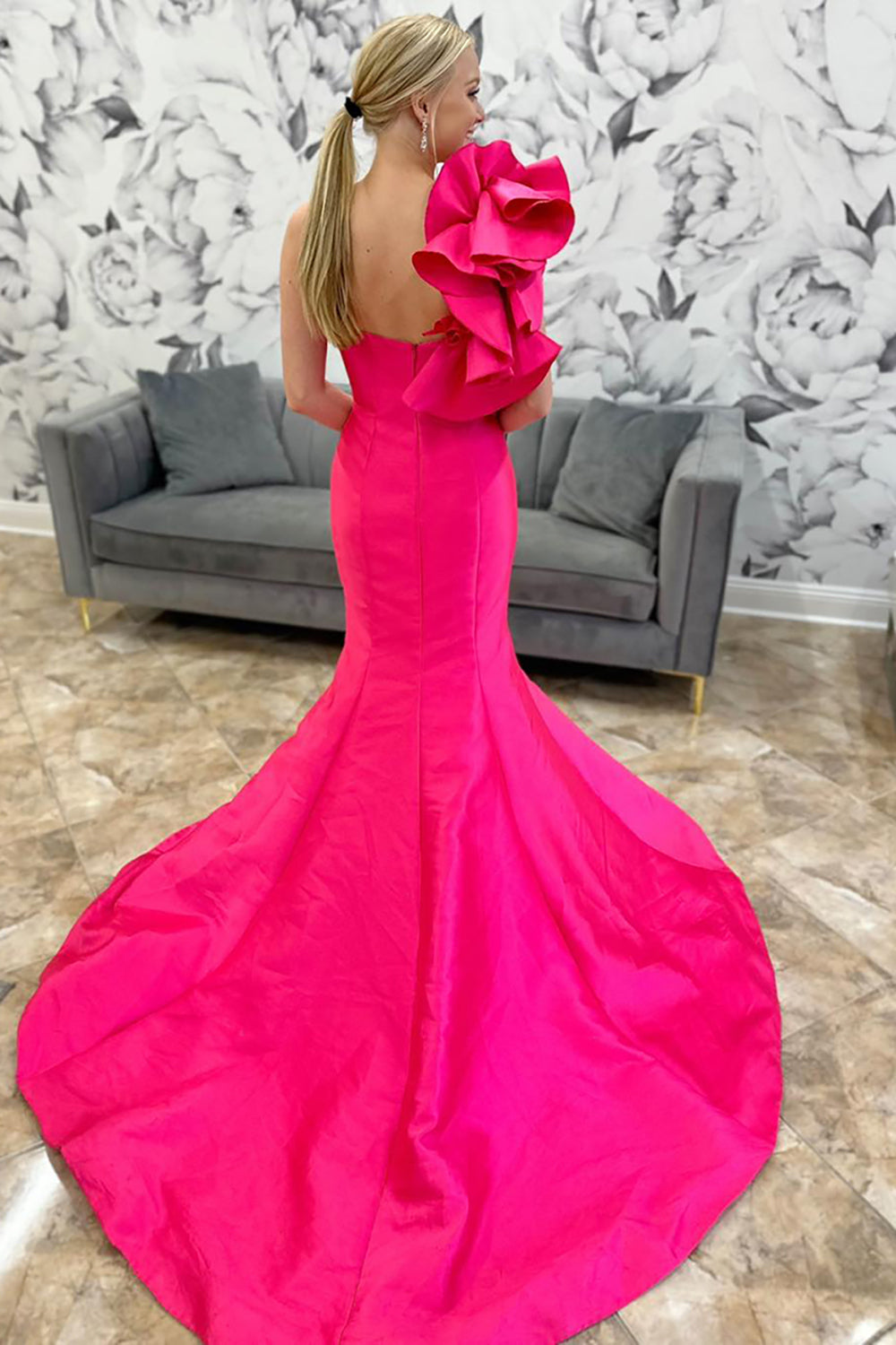 Dreamyannie Mermaid Fuchsia Prom Dress One Shoulder Ruffled Long Evening Dress