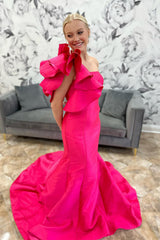 Dreamyannie Mermaid Fuchsia Prom Dress One Shoulder Ruffled Long Evening Dress