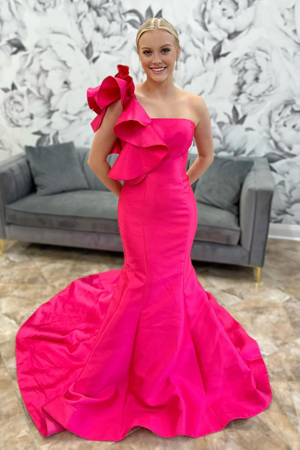 Dreamyannie Mermaid Fuchsia Prom Dress One Shoulder Ruffled Long Evening Dress