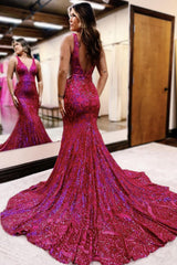 Dreamyannie Mermaid Fuchsia Prom Dress V-Neck Long Evening Dress