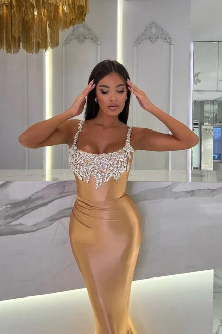 Dreamyannie Mermaid Gold Prom Dress Sleeveless Jewel Evening Dress With Glitter