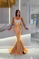 Dreamyannie Mermaid Gold Prom Dress Sleeveless Jewel Evening Dress With Glitter