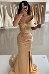 Dreamyannie Mermaid Gold Prom Dress Strapless One Shoulder Sleeveless Simple Satin Formal Dress