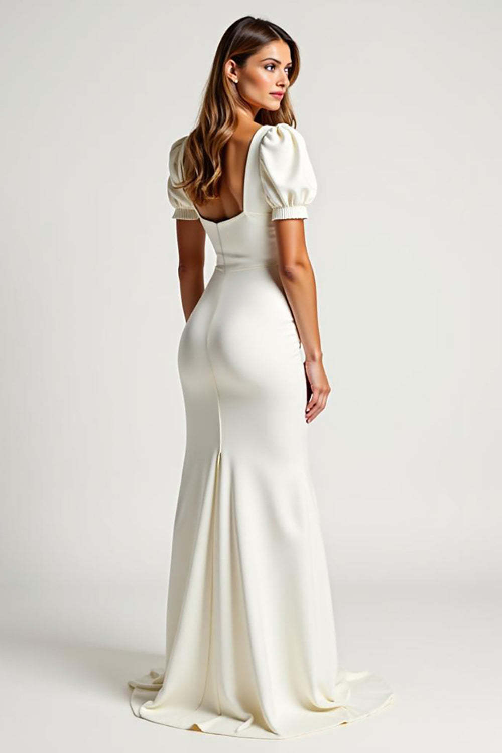 Dreamyannie Mermaid Ivory Square Neck Crepe Long Formal Dress With Puff Sleeves
