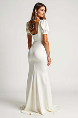 Dreamyannie Mermaid Ivory Square Neck Crepe Long Formal Dress With Puff Sleeves