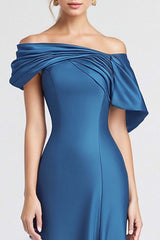 Dreamyannie Mermaid Long Blue Wedding Guest Dress Off The Shoulder Sheath Satin Formal Dress