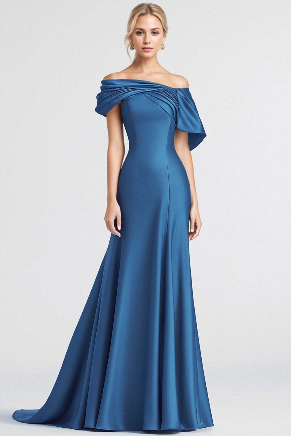 Dreamyannie Mermaid Long Blue Wedding Guest Dress Off The Shoulder Sheath Satin Formal Dress