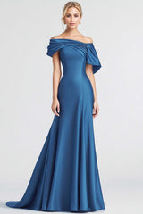Dreamyannie Mermaid Long Blue Wedding Guest Dress Off The Shoulder Sheath Satin Formal Dress