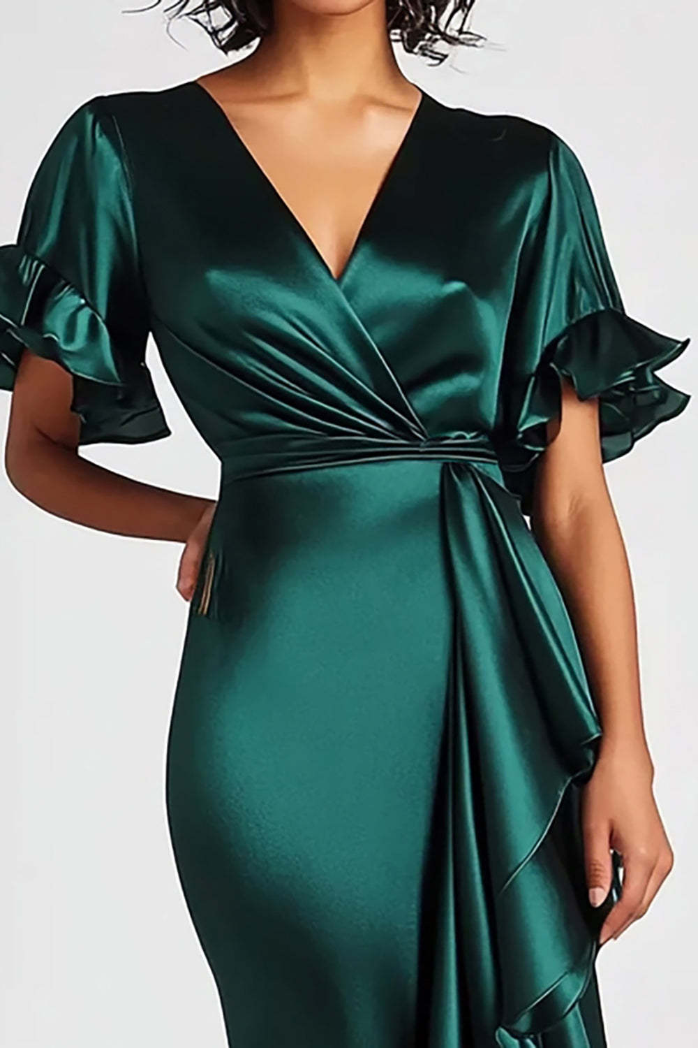 Dreamyannie Mermaid Long Dark Green Wedding Guest Dress Satin Formal Dress With Short Sleeves