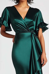 Dreamyannie Mermaid Long Dark Green Wedding Guest Dress Satin Formal Dress With Short Sleeves