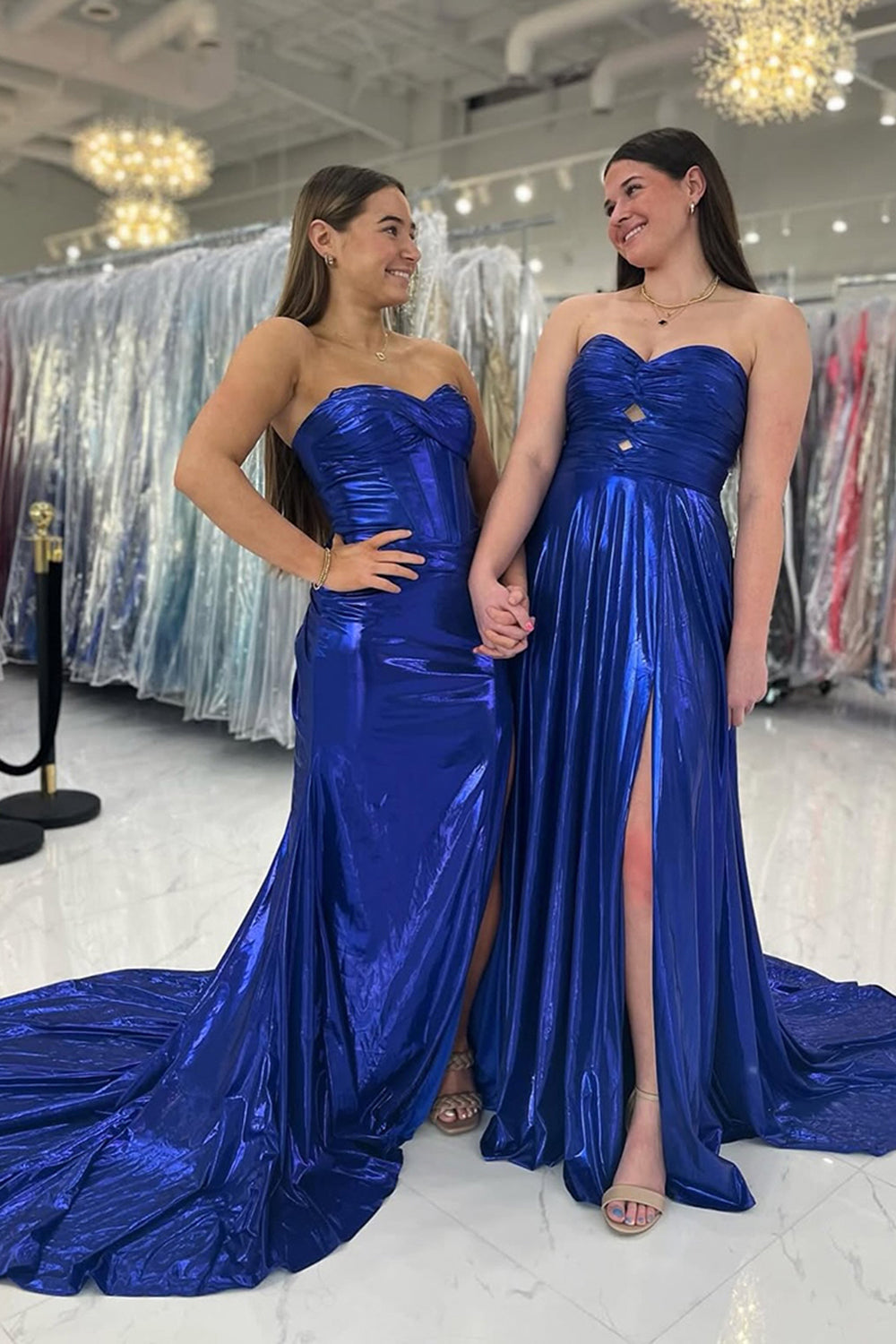 Dreamyannie Mermaid Metallic Dark Purple Prom Dress Strapless Long Formal Dress With Slit