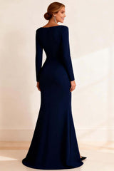 Dreamyannie Mermaid Navy Boat Neck Ruffled Long Mother Of The Bride Dress With Slit