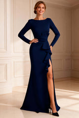 Dreamyannie Mermaid Navy Boat Neck Ruffled Long Mother Of The Bride Dress With Slit