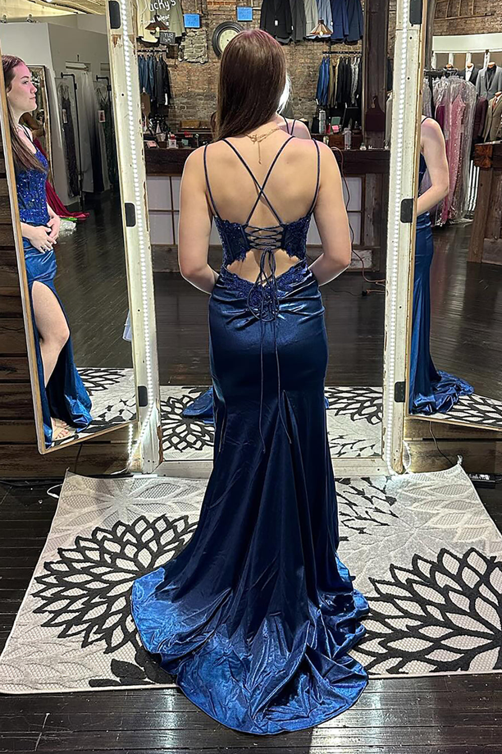 Dreamyannie Mermaid Navy Prom Dress Corset Long Lace Evening Dress With Slit