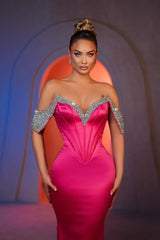 Dreamyannie Mermaid Off The Shoulder Sleeveless Rhinestone Satin Evening Dress