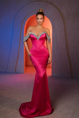 Dreamyannie Mermaid Off The Shoulder Sleeveless Rhinestone Satin Evening Dress