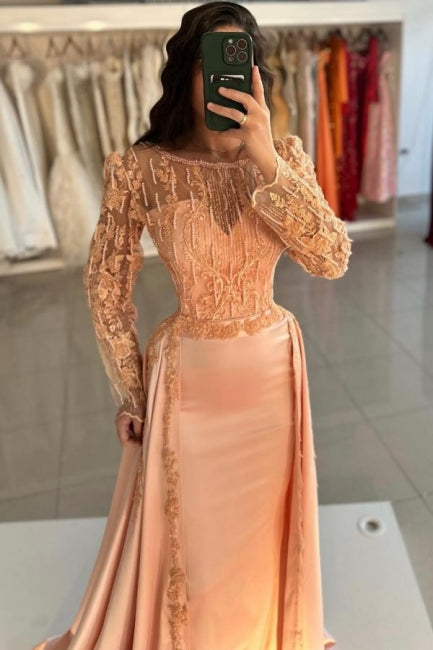 Dreamyannie Mermaid Orange Crew Sleeves Lace Floor Length Detachable Panel Train Satin Formal Dress