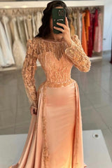 Dreamyannie Mermaid Orange Crew Sleeves Lace Floor Length Detachable Panel Train Satin Formal Dress
