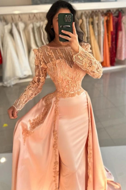 Dreamyannie Mermaid Orange Crew Sleeves Lace Floor Length Detachable Panel Train Satin Formal Dress