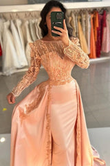 Dreamyannie Mermaid Orange Crew Sleeves Lace Floor Length Detachable Panel Train Satin Formal Dress
