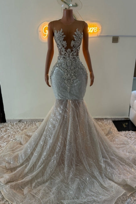 Dreamyannie Mermaid Prom Dress Beaded Sleeveless Sweep Train Tulle Formal Dress