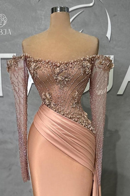 Dreamyannie Mermaid Prom Dress Off The Shoulder Satin Beaded Formal Dress With Sleeves