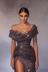 Dreamyannie Mermaid Prom Dress Off The Shoulder Sequined Beading Formal Dress With Slit