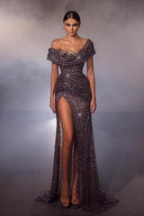 Dreamyannie Mermaid Prom Dress Off The Shoulder Sequined Beading Formal Dress With Slit