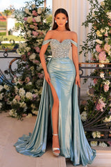 Dreamyannie Mermaid Prom Dress Off The Shoulder Sleeveless Formal Dress With Glitter