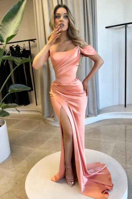 Dreamyannie Mermaid Prom Dress Satin One Shoulder Sleeveless Formal Dress With Slit