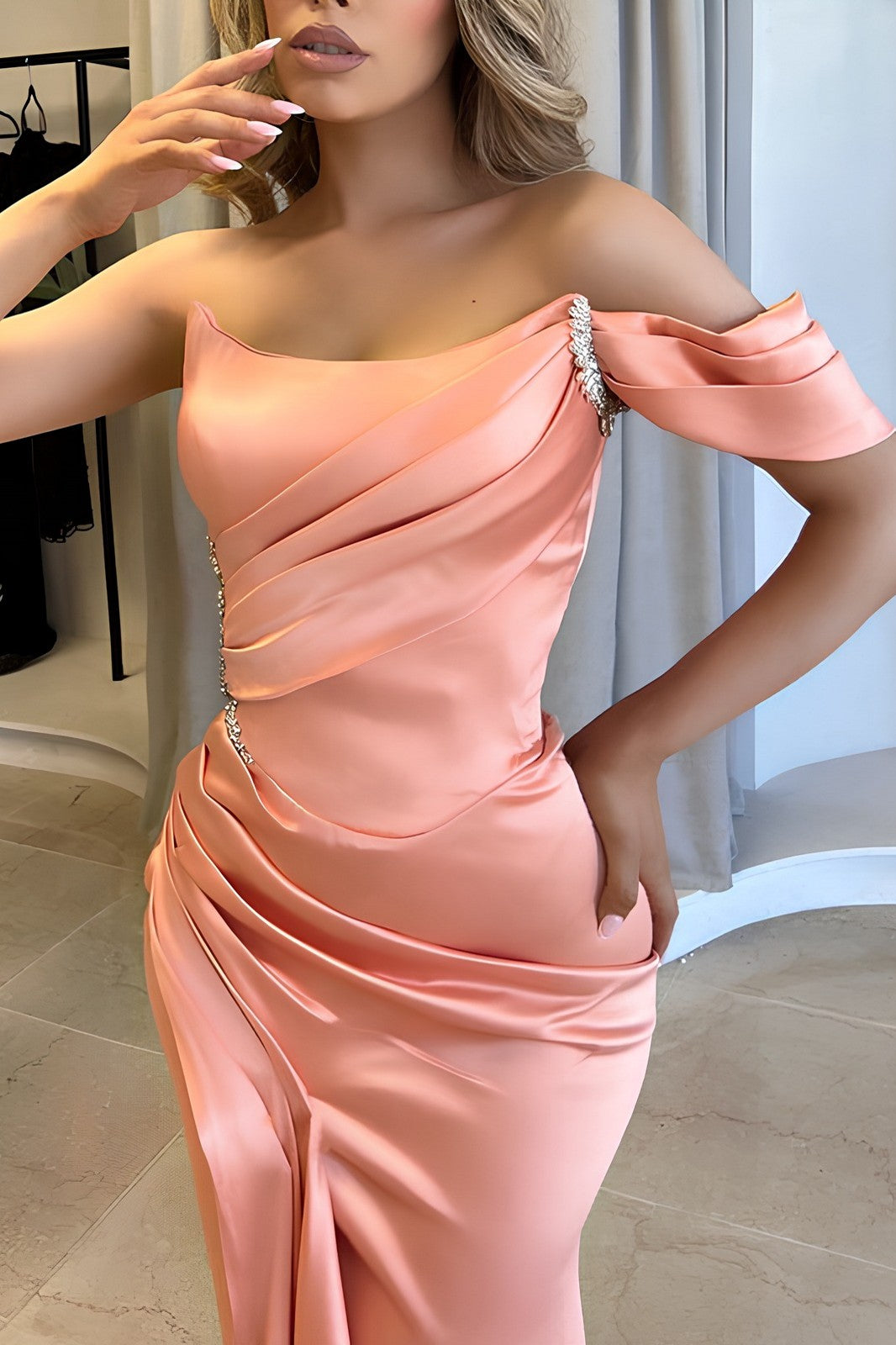 Dreamyannie Mermaid Prom Dress Satin One Shoulder Sleeveless Formal Dress With Slit