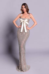 Dreamyannie Mermaid Prom Dress Silver Beaded Spaghetti Straps Plaid Formal Evening Dress