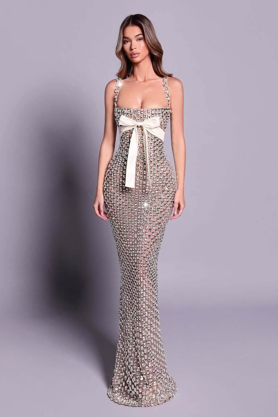 Dreamyannie Mermaid Prom Dress Silver Beaded Spaghetti Straps Plaid Formal Evening Dress