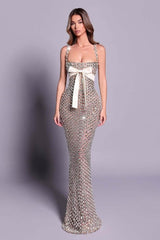 Dreamyannie Mermaid Prom Dress Silver Beaded Spaghetti Straps Plaid Formal Evening Dress
